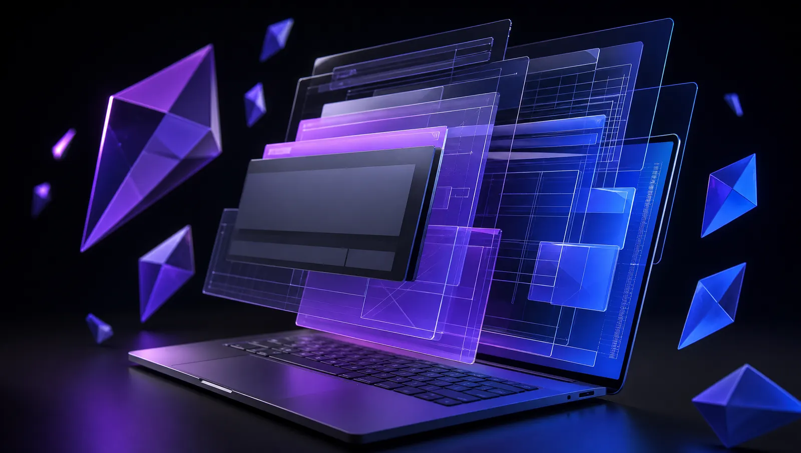 Laptop ekranından katman katman yükselen 3D site sahnesi, temsilî illüstrasyon