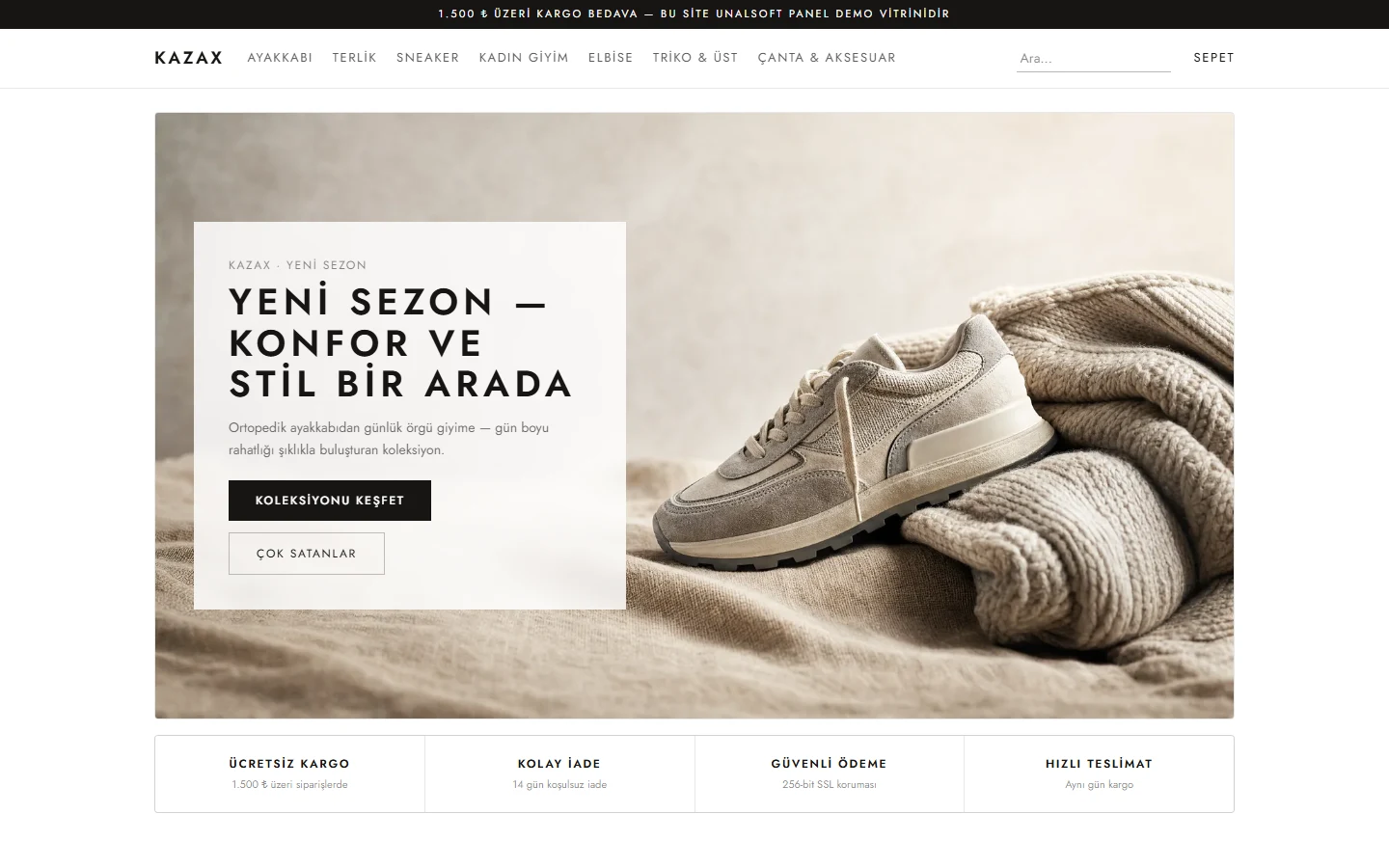 Panelin çalıştırdığı örnek e-ticaret mağazası (Kazax), vitrin